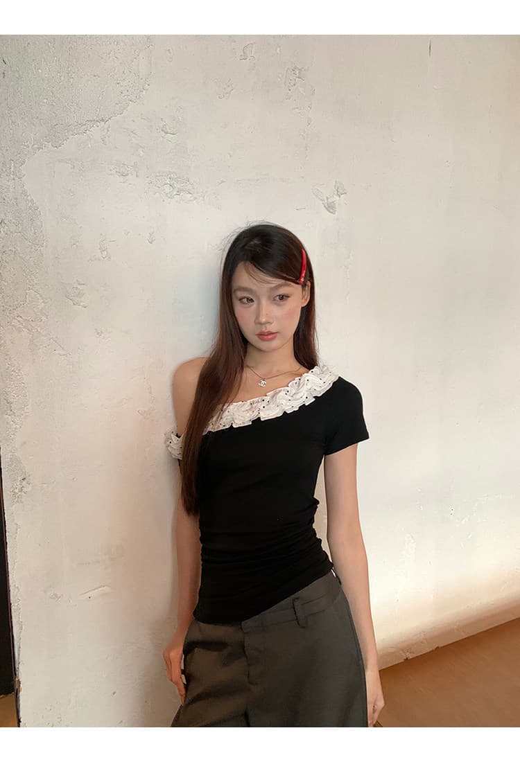 사람들 면 260 그램 검정색 슬림해 보이는 프랑스식 디자인 센스 작은 대중 여름 새로운 오프숄더 비스듬한 어깨 의류 상세 이미지 12