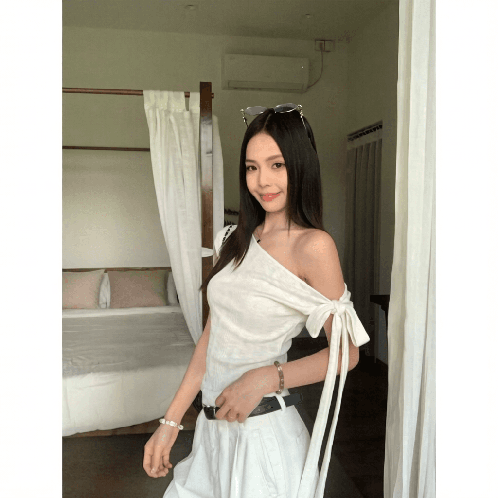 원본 대나무 마디 면 화이트 불규칙 비스듬한 어깨 반팔 티셔츠 여름 빅 사이즈 슬림해 보이는 디자인 센스 맨위 이미지 2