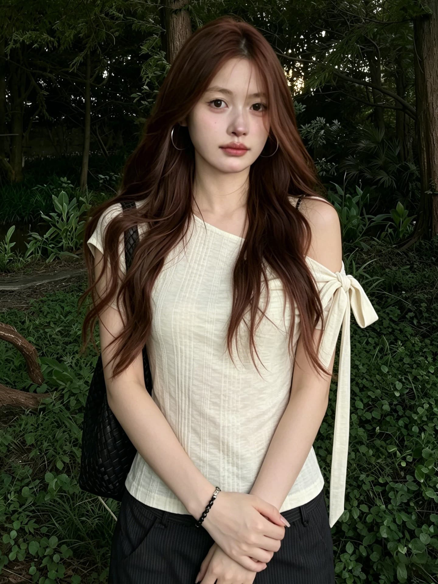원본 대나무 마디 면 불규칙 비스듬한 어깨 반팔 티셔츠 핫걸 스트랩 몸매 가꾸기 슬림해 보이는 오프숄더 맨위 상세 이미지 3