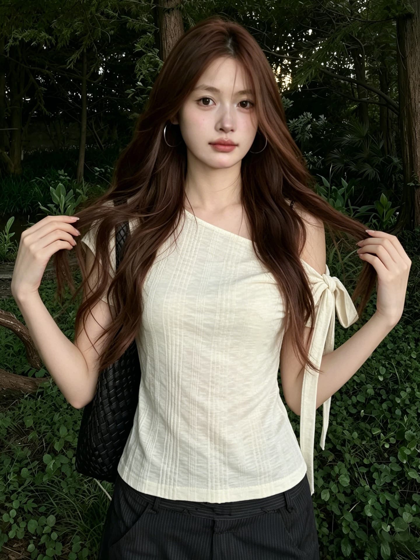 원본 대나무 마디 면 불규칙 비스듬한 어깨 반팔 티셔츠 핫걸 스트랩 몸매 가꾸기 슬림해 보이는 오프숄더 맨위 상세 이미지 6