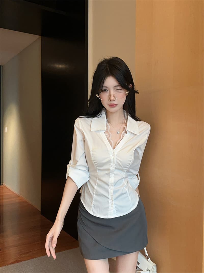 원본 품질 레이스 레이스 V 넥 셔츠 화이트 셔츠 로얄 자매 바람 품격 허리 수축 맨위 상세 이미지 1