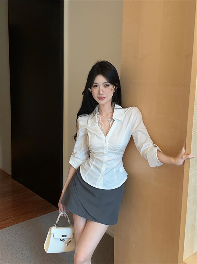 원본 품질 레이스 레이스 V 넥 셔츠 화이트 셔츠 로얄 자매 바람 품격 허리 수축 맨위 상세 이미지 2