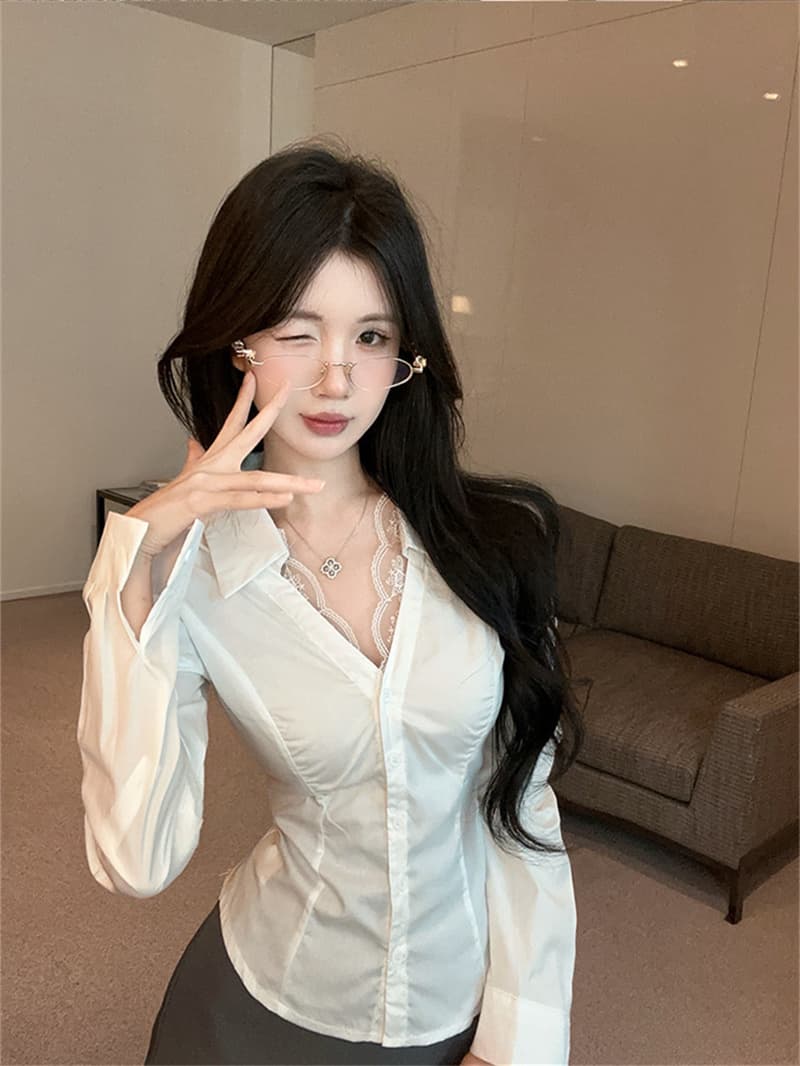 원본 품질 레이스 레이스 V 넥 셔츠 화이트 셔츠 로얄 자매 바람 품격 허리 수축 맨위 상세 이미지 9