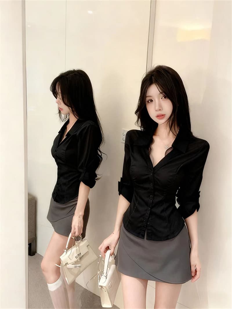 원본 품질 레이스 레이스 V 넥 셔츠 화이트 셔츠 로얄 자매 바람 품격 허리 수축 맨위 상세 이미지 15