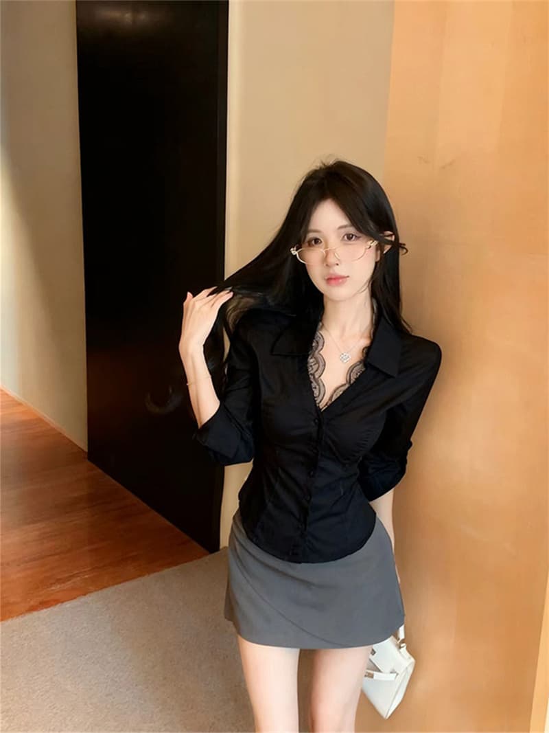 원본 품질 레이스 레이스 V 넥 셔츠 화이트 셔츠 로얄 자매 바람 품격 허리 수축 맨위 상세 이미지 17