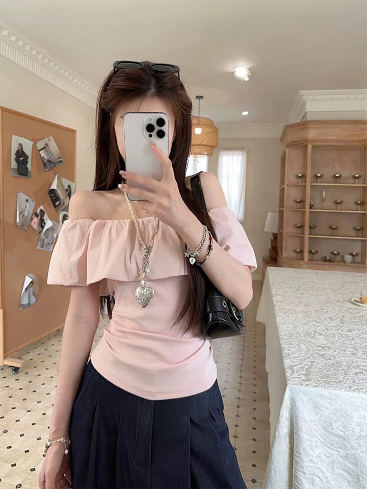 원본 40 순면 달콤한 스타일 화이트 오프숄더 프릴 티셔츠 캐주얼 아름다운 맨위 여름 상세 이미지 3