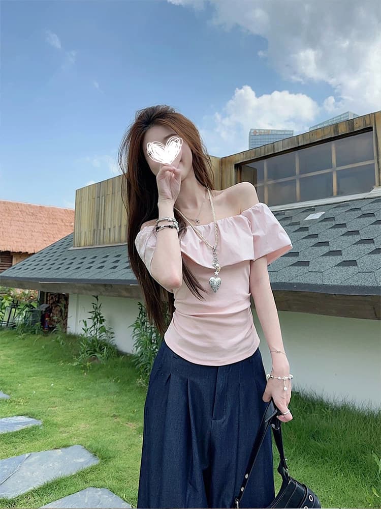 원본 40 순면 달콤한 스타일 화이트 오프숄더 프릴 티셔츠 캐주얼 아름다운 맨위 여름 상세 이미지 6