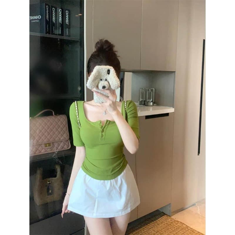 사람들 면 260 그램 아메리칸 핫걸 품격 중간 소매 티셔츠 꼬집기 허리 슬림해 보이는 캐주얼 작은 맨위 이미지 3