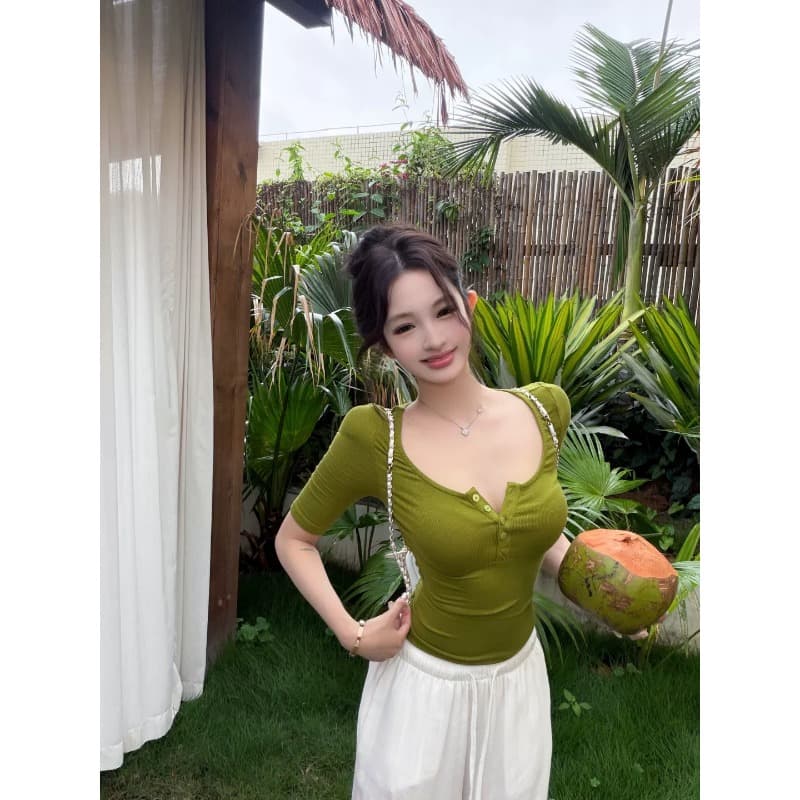 사람들 면 260 그램 핑크색 u 칼라 헨리 버클 티셔츠 여름 신축성 몸매 가꾸기 섹시함 쇼트 스타일 맨위 이미지 3