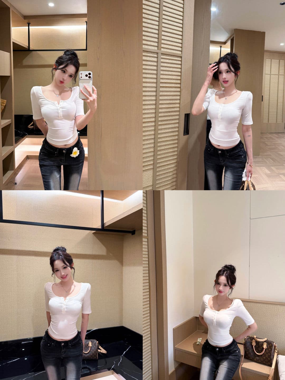 사람들 면 260 그램 핑크색 u 칼라 헨리 버클 티셔츠 여름 신축성 몸매 가꾸기 섹시함 쇼트 스타일 맨위 상세 이미지 34
