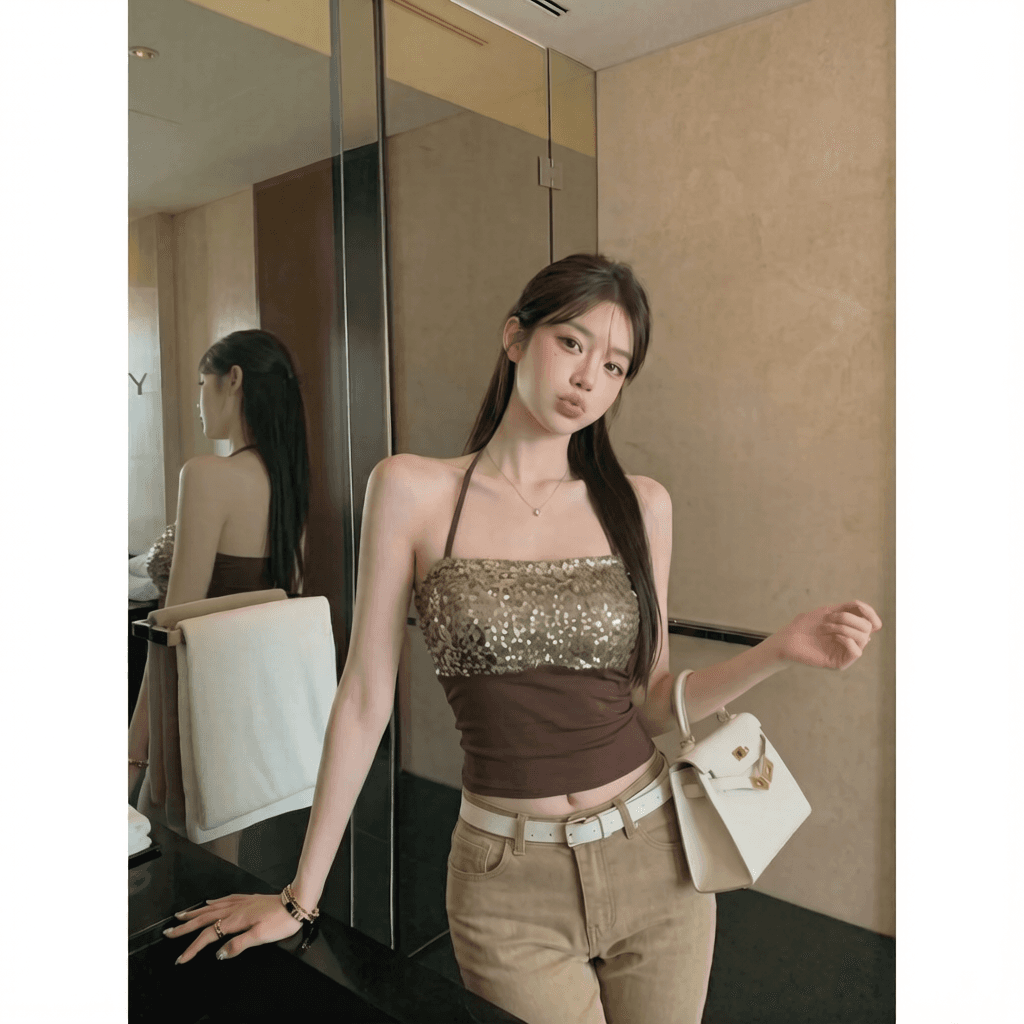 면 260 그램 벨트 가슴 패드 스팽글 패치워크 행침 목 캐미솔 핫걸 외출용 튜브탑 맨위 이미지 2