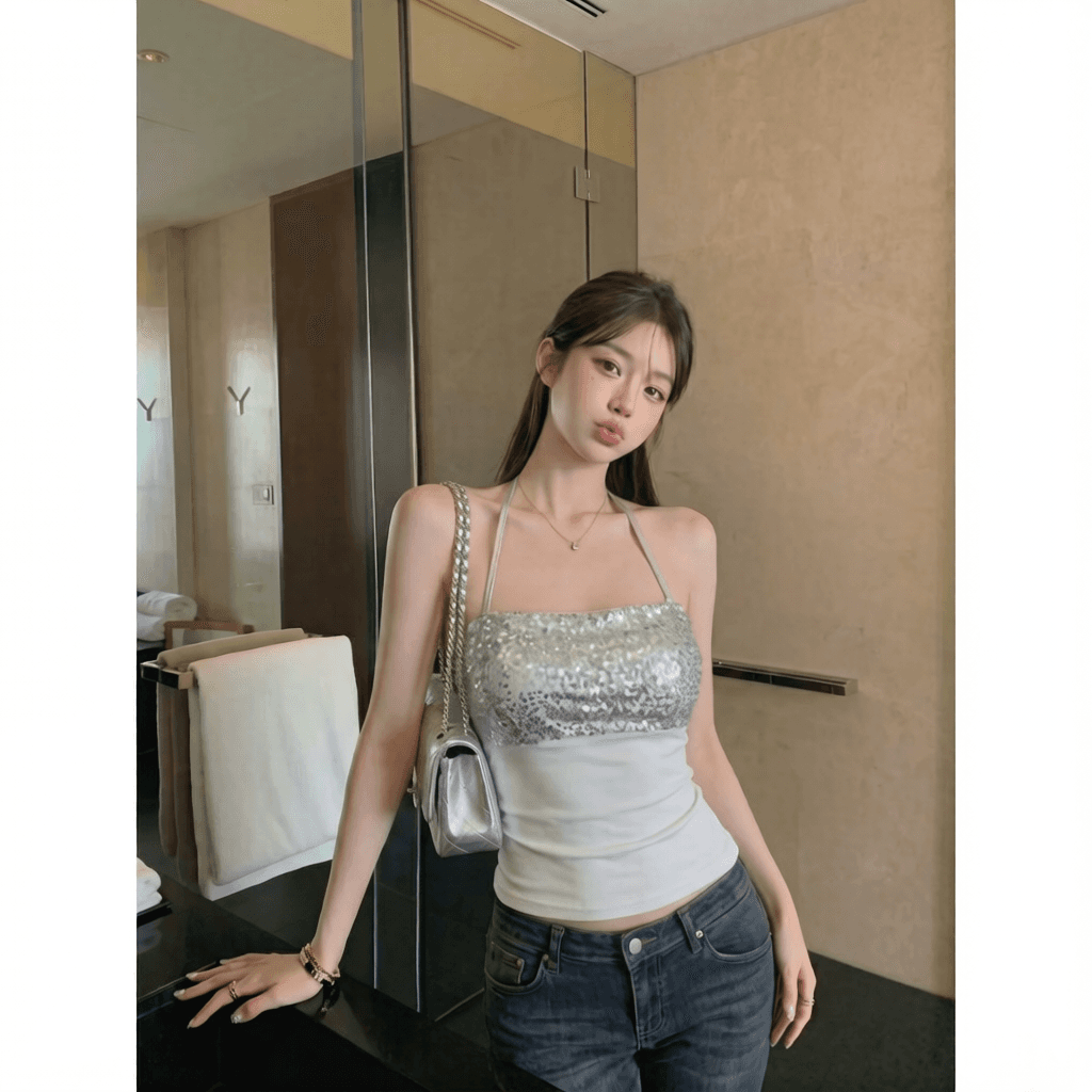 면 260 그램 벨트 가슴 패드 스팽글 패치워크 행침 목 캐미솔 핫걸 외출용 튜브탑 맨위 이미지 5