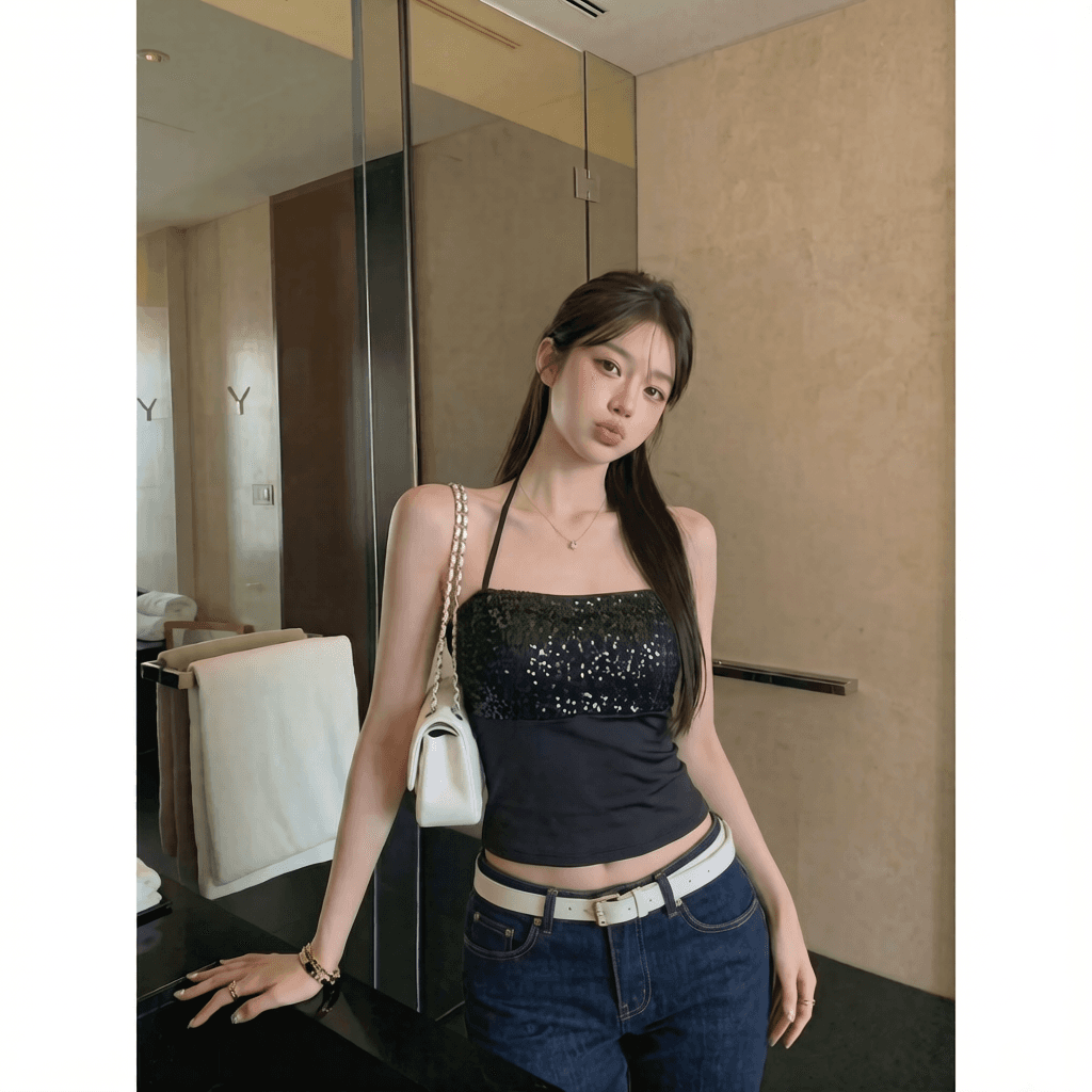 면 260 그램 벨트 가슴 패드 스팽글 패치워크 행침 목 캐미솔 핫걸 외출용 튜브탑 맨위 이미지 3