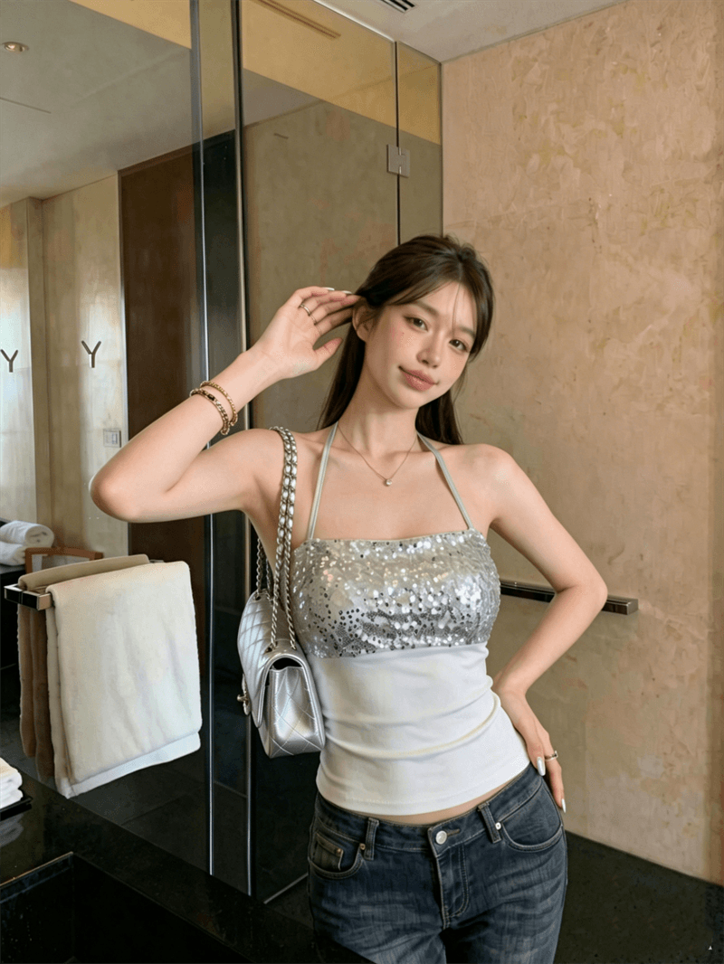 면 260 그램 벨트 가슴 패드 스팽글 패치워크 행침 목 캐미솔 핫걸 외출용 튜브탑 맨위 상세 이미지 7