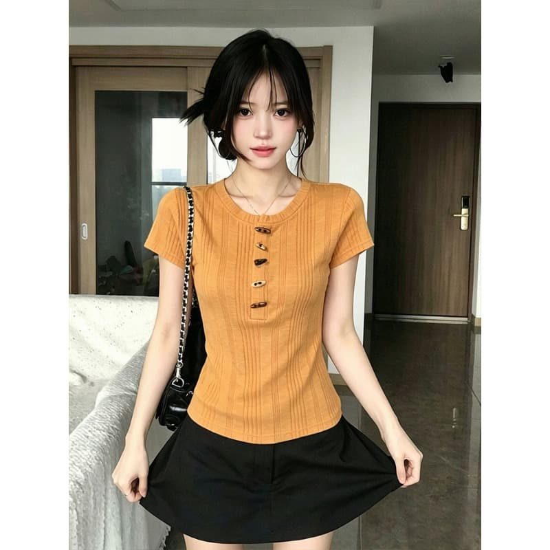 원본 원단 한 부서 질감 센스 소뿔 버클 반팔 티셔츠 여름 몸매 가꾸기 슬림해 보이는 핫걸 맨위 이미지 3
