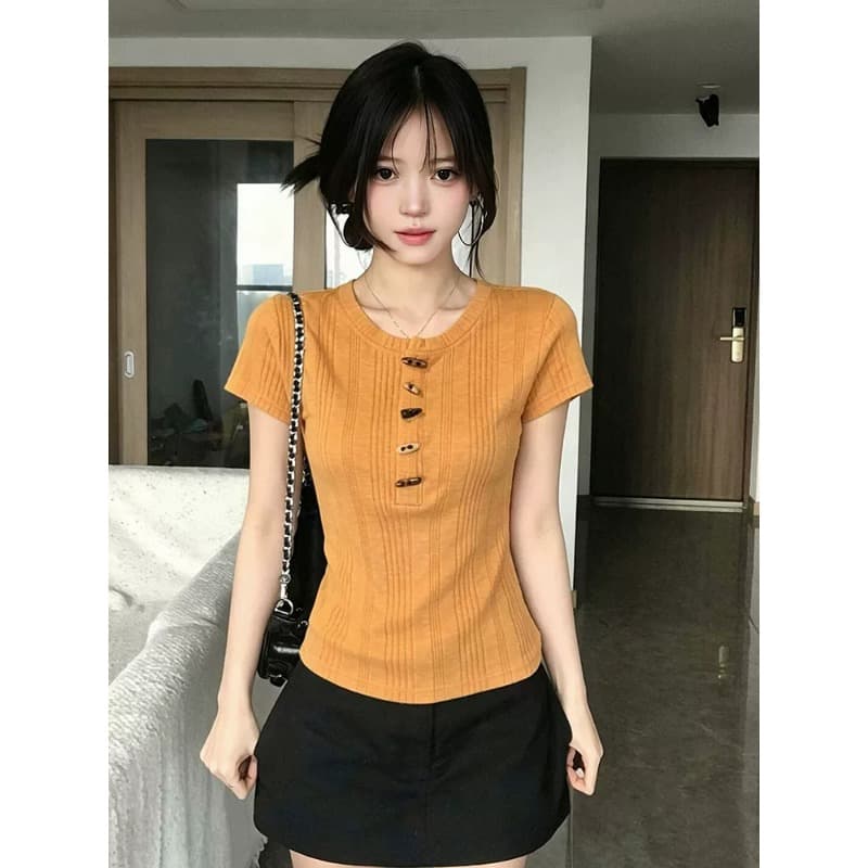원본 원단 한 부서 질감 센스 소뿔 버클 반팔 티셔츠 여름 몸매 가꾸기 슬림해 보이는 핫걸 맨위 이미지 4