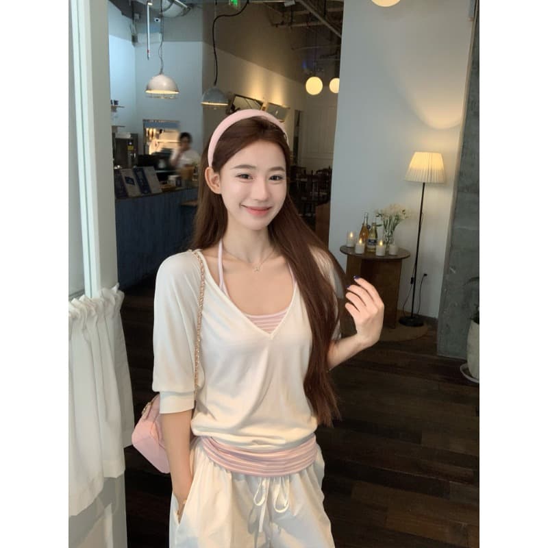 한 부서 미니멀리즘 학원 스타일 슬립 태양 보호 셔츠 여름 새로운 디자인 센스 작은 대중 루즈핏 품격 투피스 세트 이미지 2