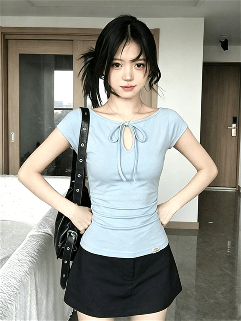 사람들 면 260 그램 도파민 녹색 홀로우 아웃 레이스업 긍정적 인 어깨 티셔츠 여성 여름 핫걸 쇼트 스타일 맨위 이미지 4