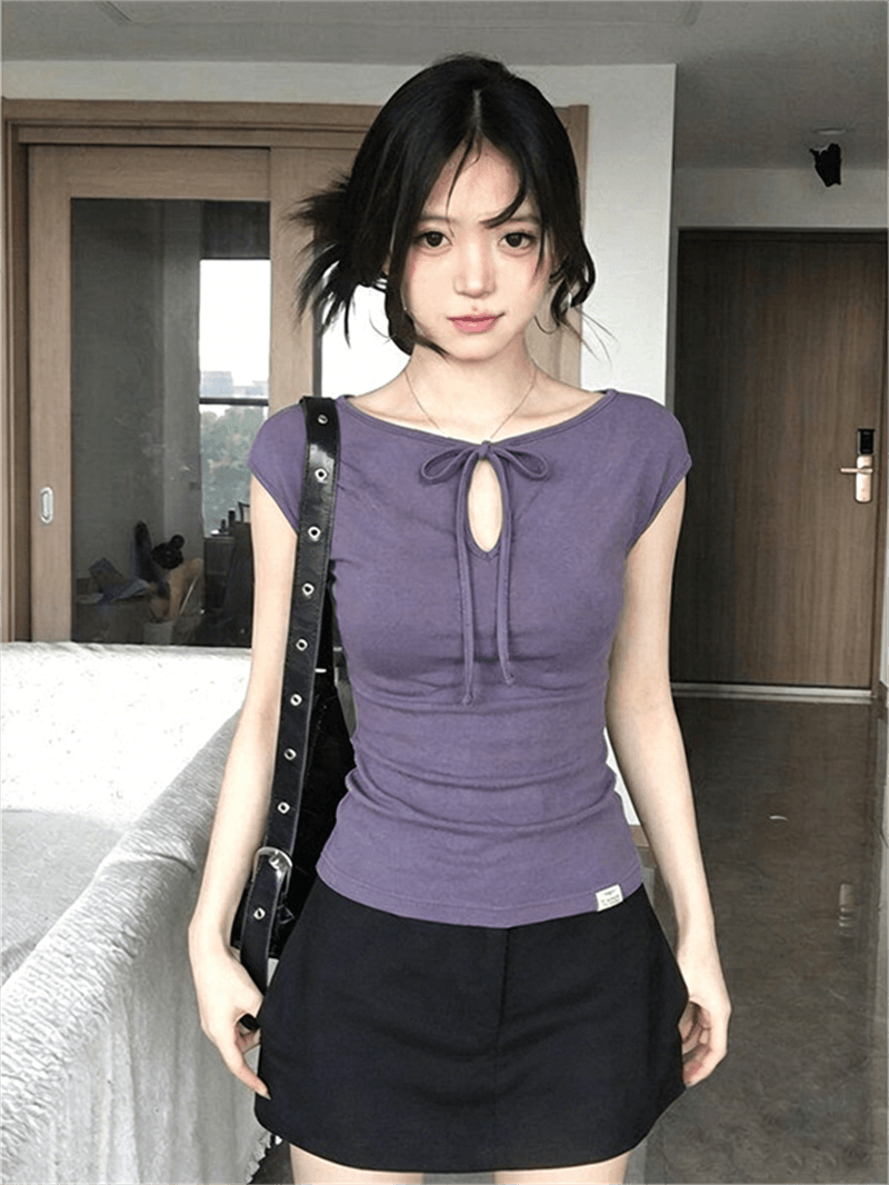 사람들 면 260 그램 순수한 욕망 바람 디스플레이 화이트 홀로우 아웃 레이스업 반팔 티셔츠 여름 새로운 연령 감소 몸매 가꾸기 맨위 이미지 4