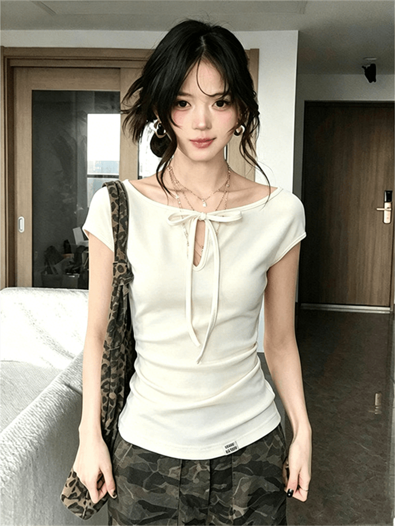 사람들 면 260 그램 순수한 욕망 바람 디스플레이 화이트 홀로우 아웃 레이스업 반팔 티셔츠 여름 새로운 연령 감소 몸매 가꾸기 맨위 이미지 2