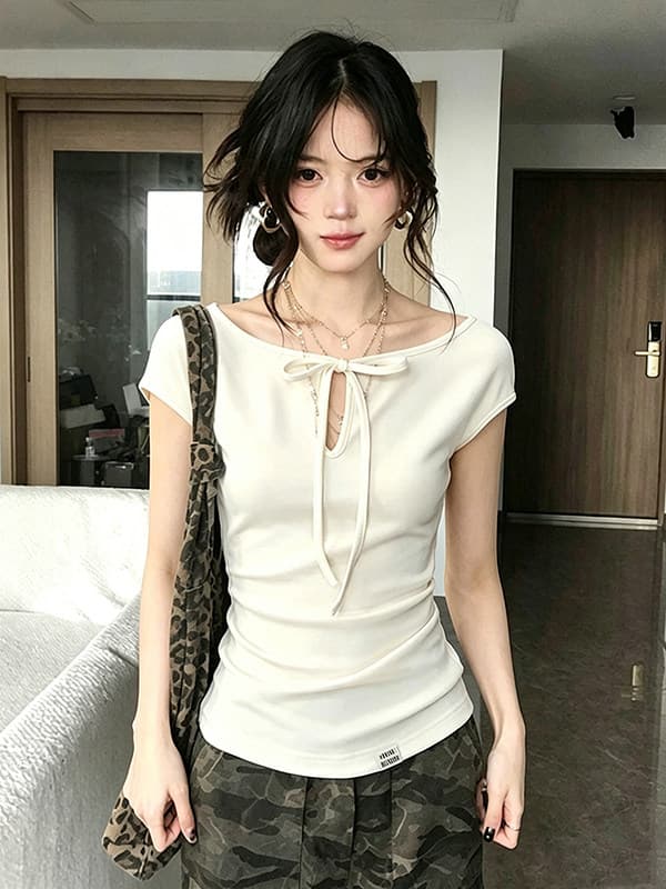 사람들 면 260 그램 순수한 욕망 바람 디스플레이 화이트 홀로우 아웃 레이스업 반팔 티셔츠 여름 새로운 연령 감소 몸매 가꾸기 맨위 상세 이미지 2