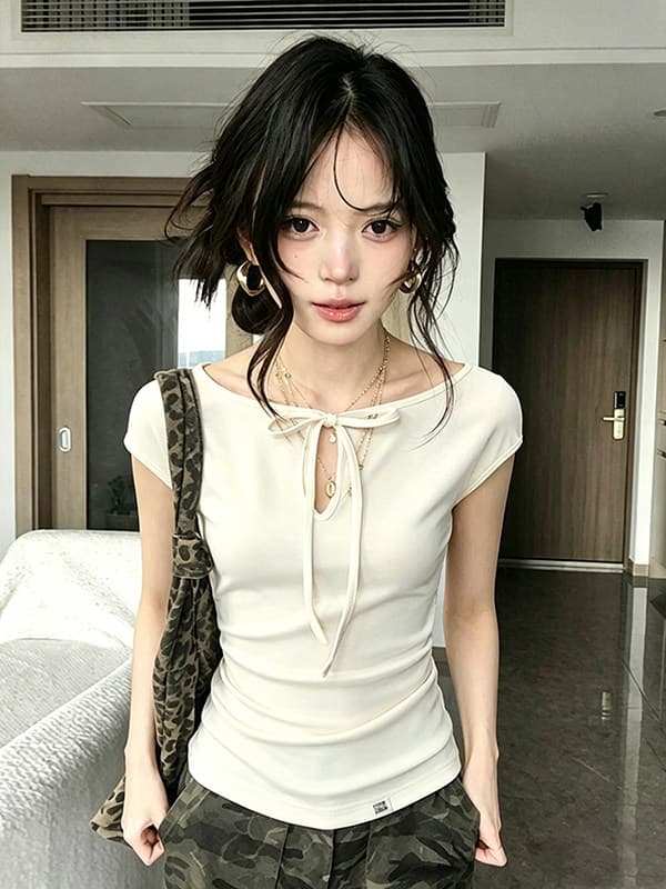 사람들 면 260 그램 순수한 욕망 바람 디스플레이 화이트 홀로우 아웃 레이스업 반팔 티셔츠 여름 새로운 연령 감소 몸매 가꾸기 맨위 상세 이미지 4