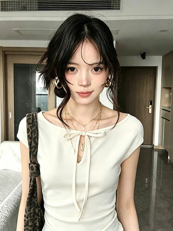 사람들 면 260 그램 순수한 욕망 바람 디스플레이 화이트 홀로우 아웃 레이스업 반팔 티셔츠 여름 새로운 연령 감소 몸매 가꾸기 맨위 상세 이미지 5