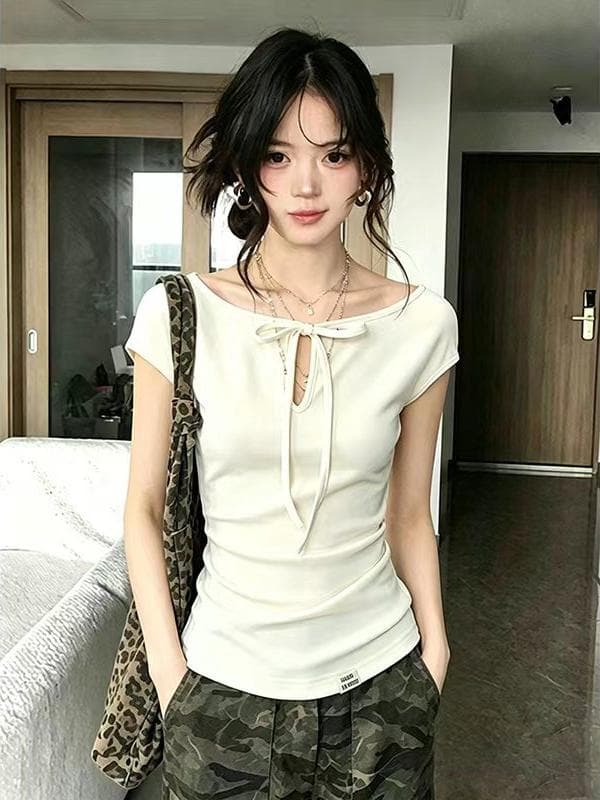 사람들 면 260 그램 순수한 욕망 바람 디스플레이 화이트 홀로우 아웃 레이스업 반팔 티셔츠 여름 새로운 연령 감소 몸매 가꾸기 맨위 상세 이미지 6