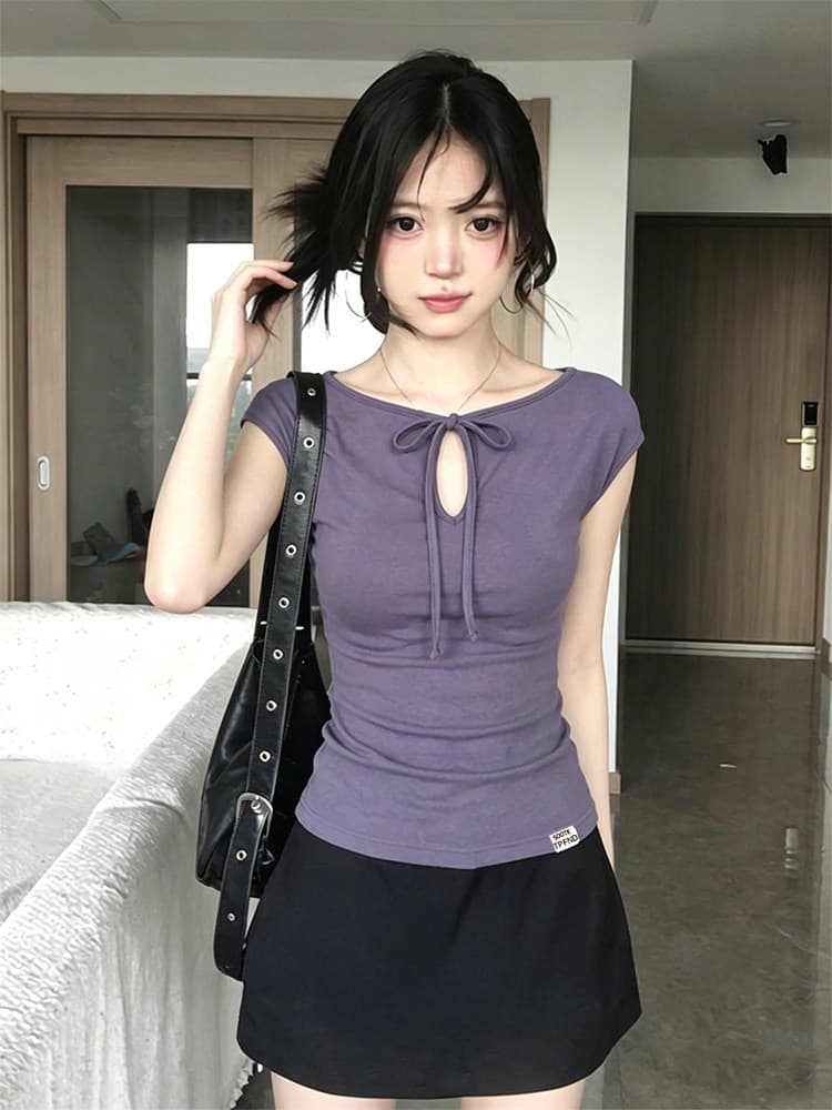 사람들 면 260 그램 순수한 욕망 바람 디스플레이 화이트 홀로우 아웃 레이스업 반팔 티셔츠 여름 새로운 연령 감소 몸매 가꾸기 맨위 상세 이미지 11