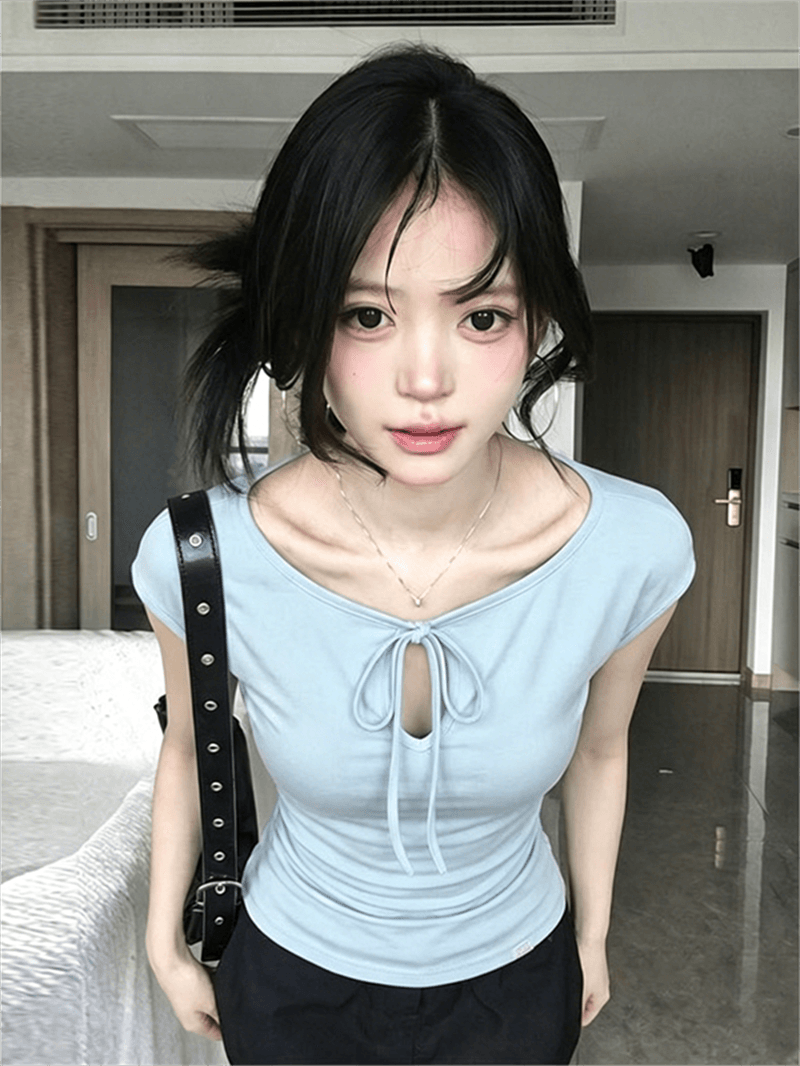 사람들 면 260 그램 도파민 녹색 홀로우 아웃 레이스업 긍정적 인 어깨 티셔츠 여성 여름 핫걸 쇼트 스타일 맨위 상세 이미지 13