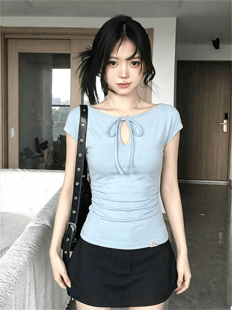 사람들 면 260 그램 도파민 녹색 홀로우 아웃 레이스업 긍정적 인 어깨 티셔츠 여성 여름 핫걸 쇼트 스타일 맨위 상세 이미지 16