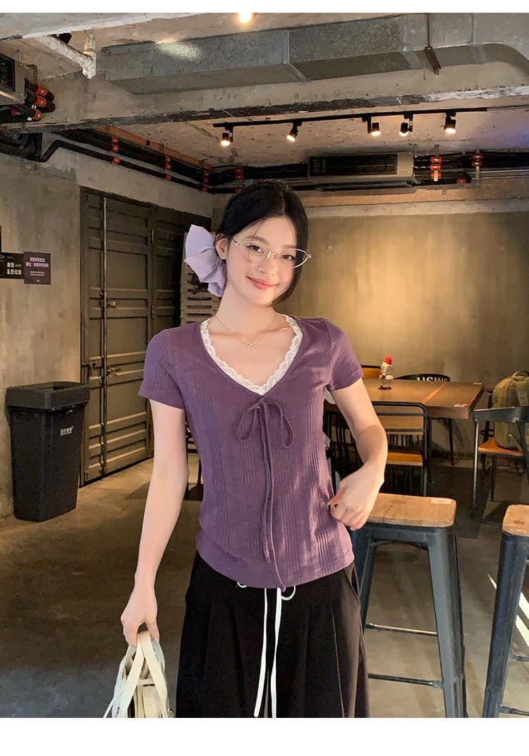 송 긍정적 인 En 보라색 V넥 레이스 스트랩 반팔 티셔츠 여성 여름 한 부서 몸매 가꾸기 슬림해 보이는 긍정적 인 어깨 다용도 작은 맨위 상세 이미지 7