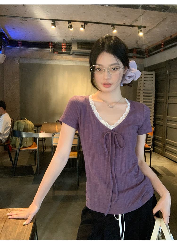 송 긍정적 인 En 보라색 V넥 레이스 스트랩 반팔 티셔츠 여성 여름 한 부서 몸매 가꾸기 슬림해 보이는 긍정적 인 어깨 다용도 작은 맨위 상세 이미지 14