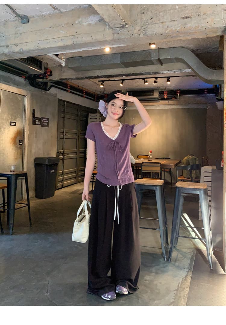송 긍정적 인 En 보라색 V넥 레이스 스트랩 반팔 티셔츠 여성 여름 한 부서 몸매 가꾸기 슬림해 보이는 긍정적 인 어깨 다용도 작은 맨위 상세 이미지 19