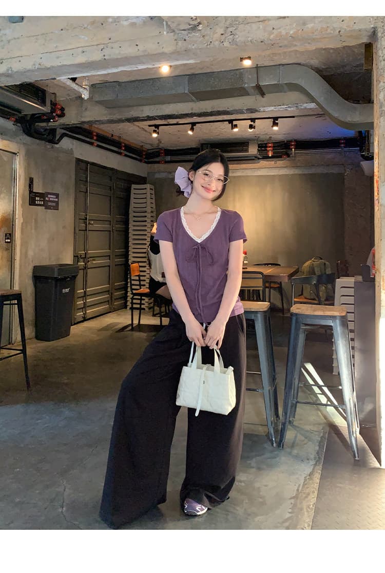 송 긍정적 인 En 보라색 V넥 레이스 스트랩 반팔 티셔츠 여성 여름 한 부서 몸매 가꾸기 슬림해 보이는 긍정적 인 어깨 다용도 작은 맨위 상세 이미지 20