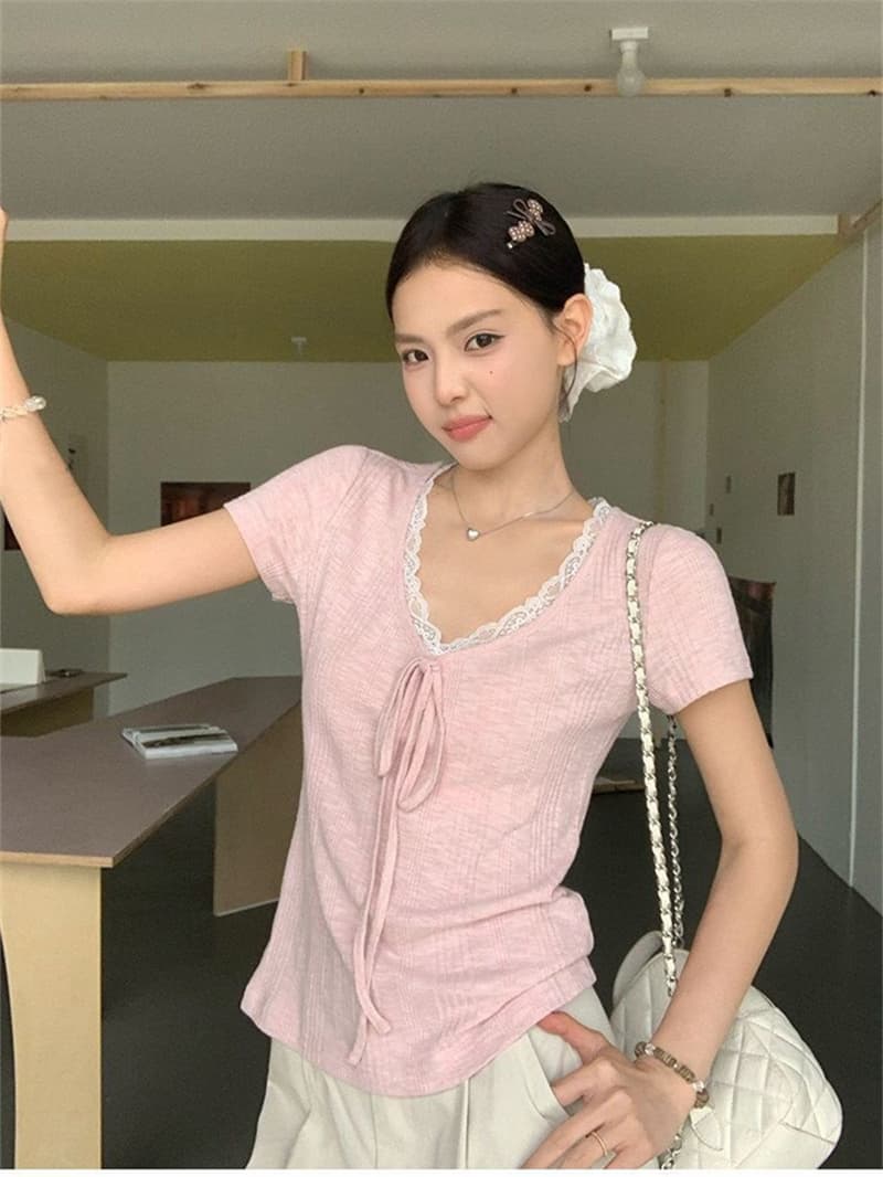 송 긍정적 인 En 보라색 V넥 레이스 스트랩 반팔 티셔츠 여성 여름 한 부서 몸매 가꾸기 슬림해 보이는 긍정적 인 어깨 다용도 작은 맨위 상세 이미지 29