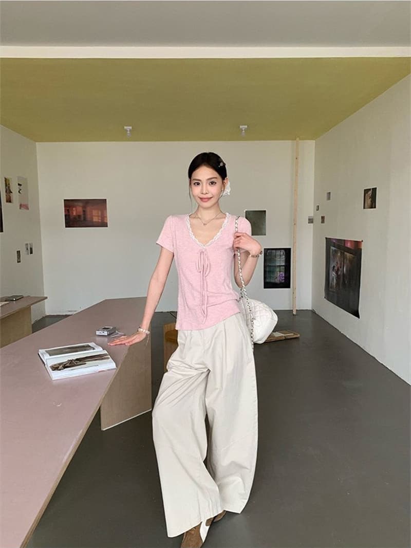 송 긍정적 인 En 보라색 V넥 레이스 스트랩 반팔 티셔츠 여성 여름 한 부서 몸매 가꾸기 슬림해 보이는 긍정적 인 어깨 다용도 작은 맨위 상세 이미지 35