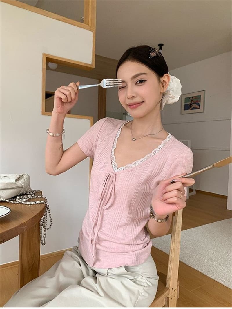 바 이익 대나무 마디 순수한 욕망 바람 보라색 V넥 레이스 스트랩 반팔 티셔츠 여성 여름 한 부서 슬림해 보이는 맨위 상세 이미지 11