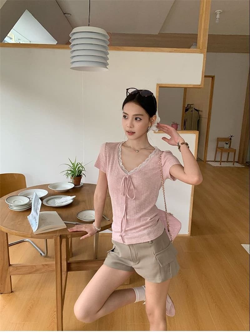 바 이익 대나무 마디 순수한 욕망 바람 보라색 V넥 레이스 스트랩 반팔 티셔츠 여성 여름 한 부서 슬림해 보이는 맨위 상세 이미지 12