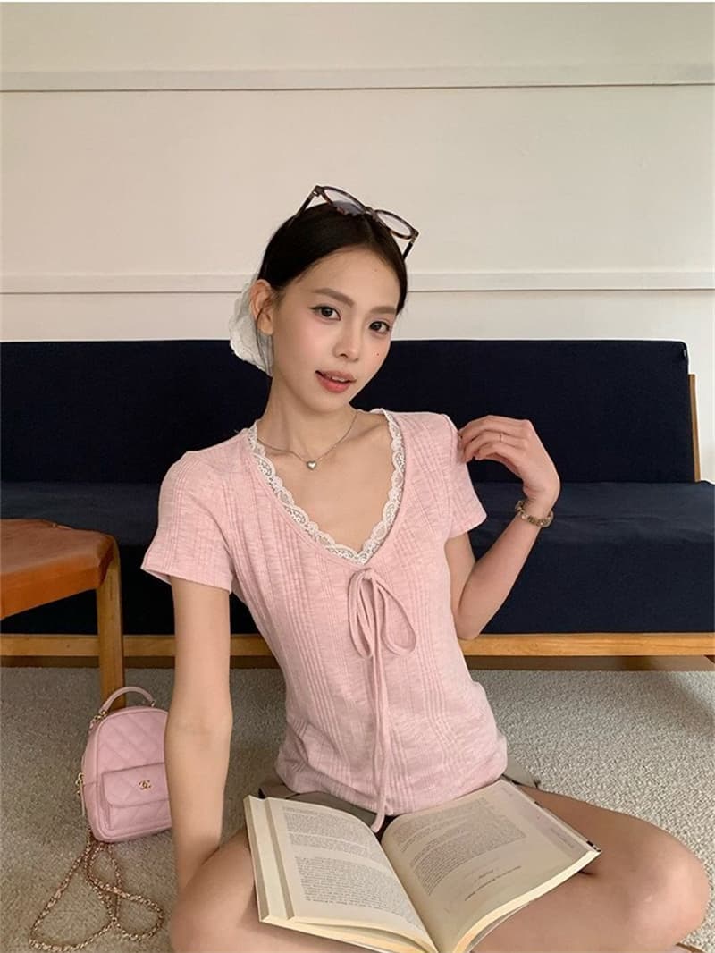 바 이익 대나무 마디 순수한 욕망 바람 보라색 V넥 레이스 스트랩 반팔 티셔츠 여성 여름 한 부서 슬림해 보이는 맨위 상세 이미지 15