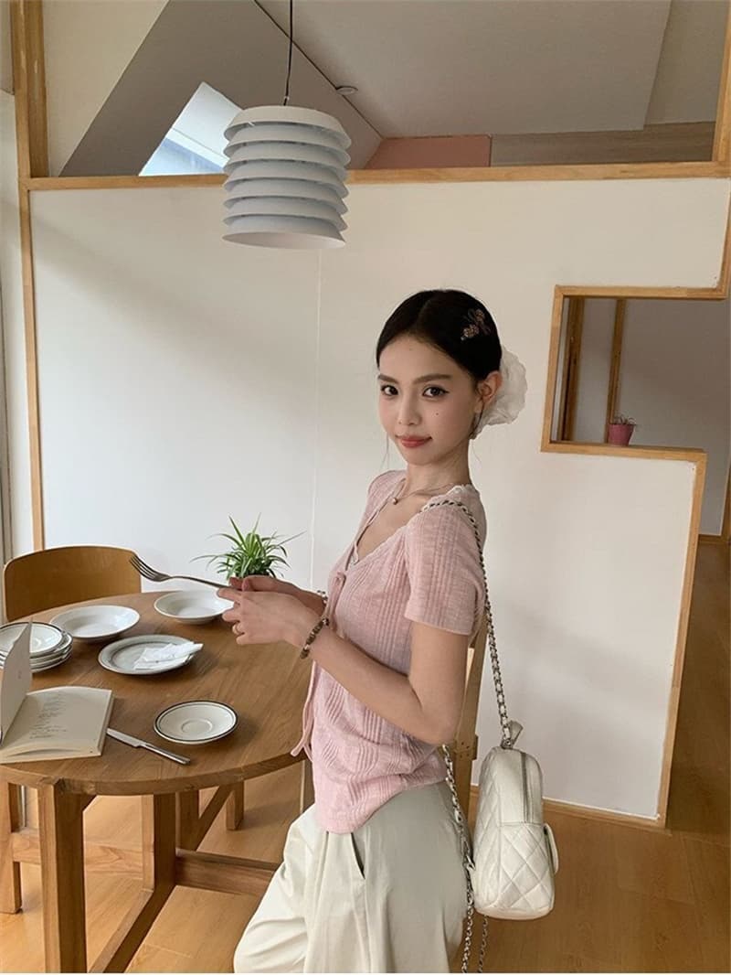 바 이익 대나무 마디 순수한 욕망 바람 보라색 V넥 레이스 스트랩 반팔 티셔츠 여성 여름 한 부서 슬림해 보이는 맨위 상세 이미지 18