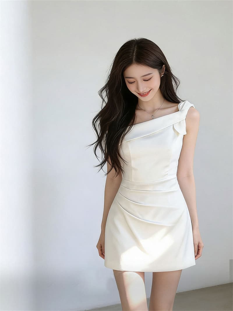 프랑스식 달콤함 품격 비스듬한 어깨 드레스 여름 디자인 센스 허리 수축 슬림해 보이는 오프숄더 순수한 욕망 짧은 치마 상세 이미지 10