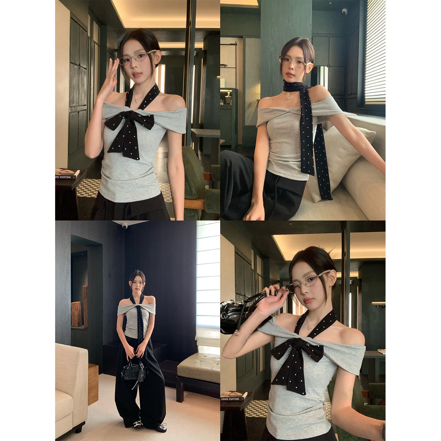 송 긍정적 인 En 회색 오프숄더 반팔 티셔츠 여성 여름 몸매 가꾸기 슬림해 보이는 한 부서 고급 센스 품격 오프숄더 맨위