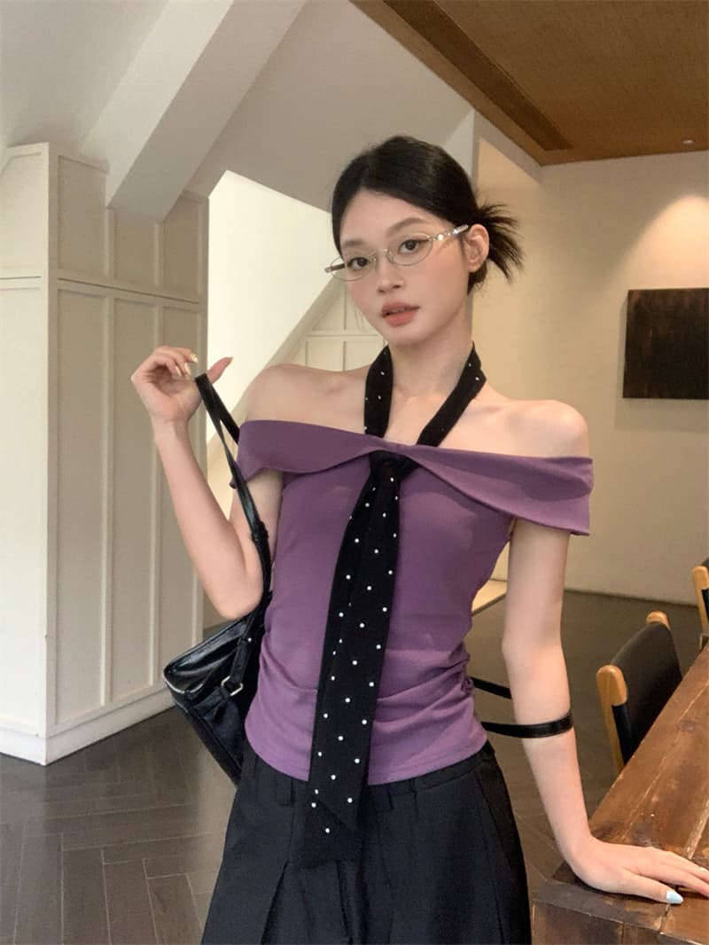 송 긍정적 인 En 회색 오프숄더 반팔 티셔츠 여성 여름 몸매 가꾸기 슬림해 보이는 한 부서 고급 센스 품격 오프숄더 맨위 상세 이미지 7