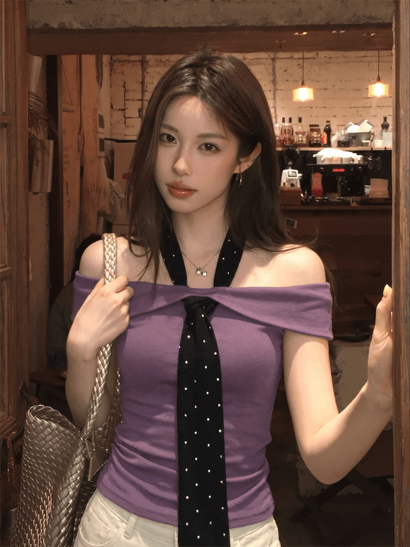 좋은 면 40 회색 오프숄더 반팔 티셔츠 여름 로얄 자매 바람 몸매 가꾸기 고급 센스 품격 오프숄더 맨위 상세 이미지 2