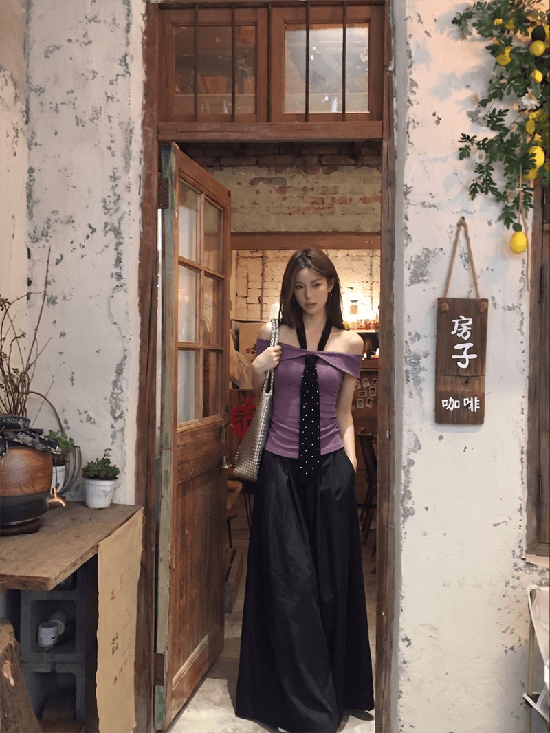 좋은 면 40 회색 오프숄더 반팔 티셔츠 여름 로얄 자매 바람 몸매 가꾸기 고급 센스 품격 오프숄더 맨위 상세 이미지 3