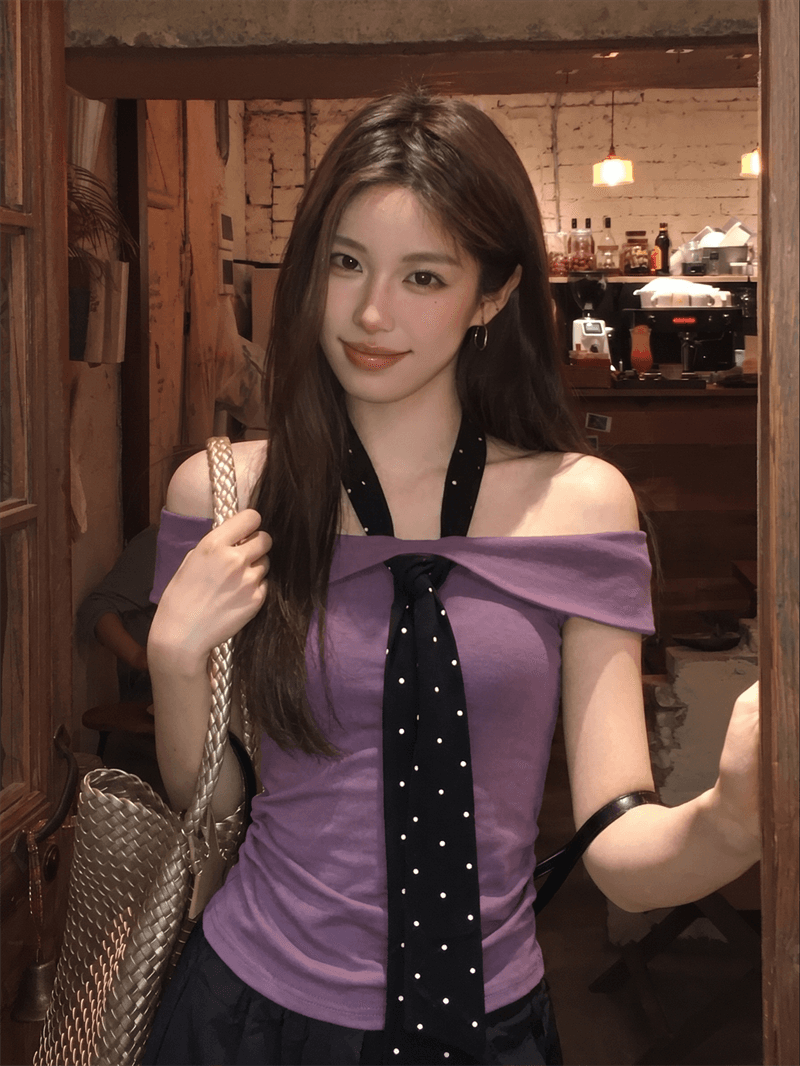 좋은 면 40 회색 오프숄더 반팔 티셔츠 여름 로얄 자매 바람 몸매 가꾸기 고급 센스 품격 오프숄더 맨위 상세 이미지 5