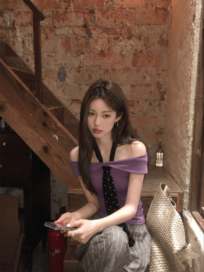 좋은 면 40 회색 오프숄더 반팔 티셔츠 여름 로얄 자매 바람 몸매 가꾸기 고급 센스 품격 오프숄더 맨위 상세 이미지 6