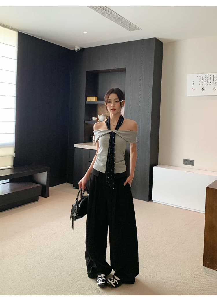 좋은 면 40 회색 오프숄더 반팔 티셔츠 여름 로얄 자매 바람 몸매 가꾸기 고급 센스 품격 오프숄더 맨위 상세 이미지 13