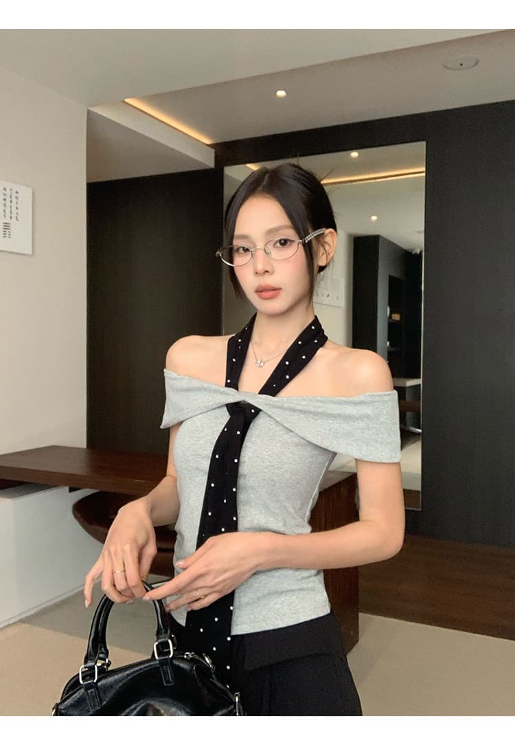 좋은 면 40 회색 오프숄더 반팔 티셔츠 여름 로얄 자매 바람 몸매 가꾸기 고급 센스 품격 오프숄더 맨위 상세 이미지 16
